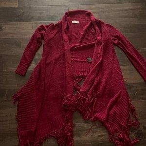 Altar’d State Red cardigan hi lo look with fringe.